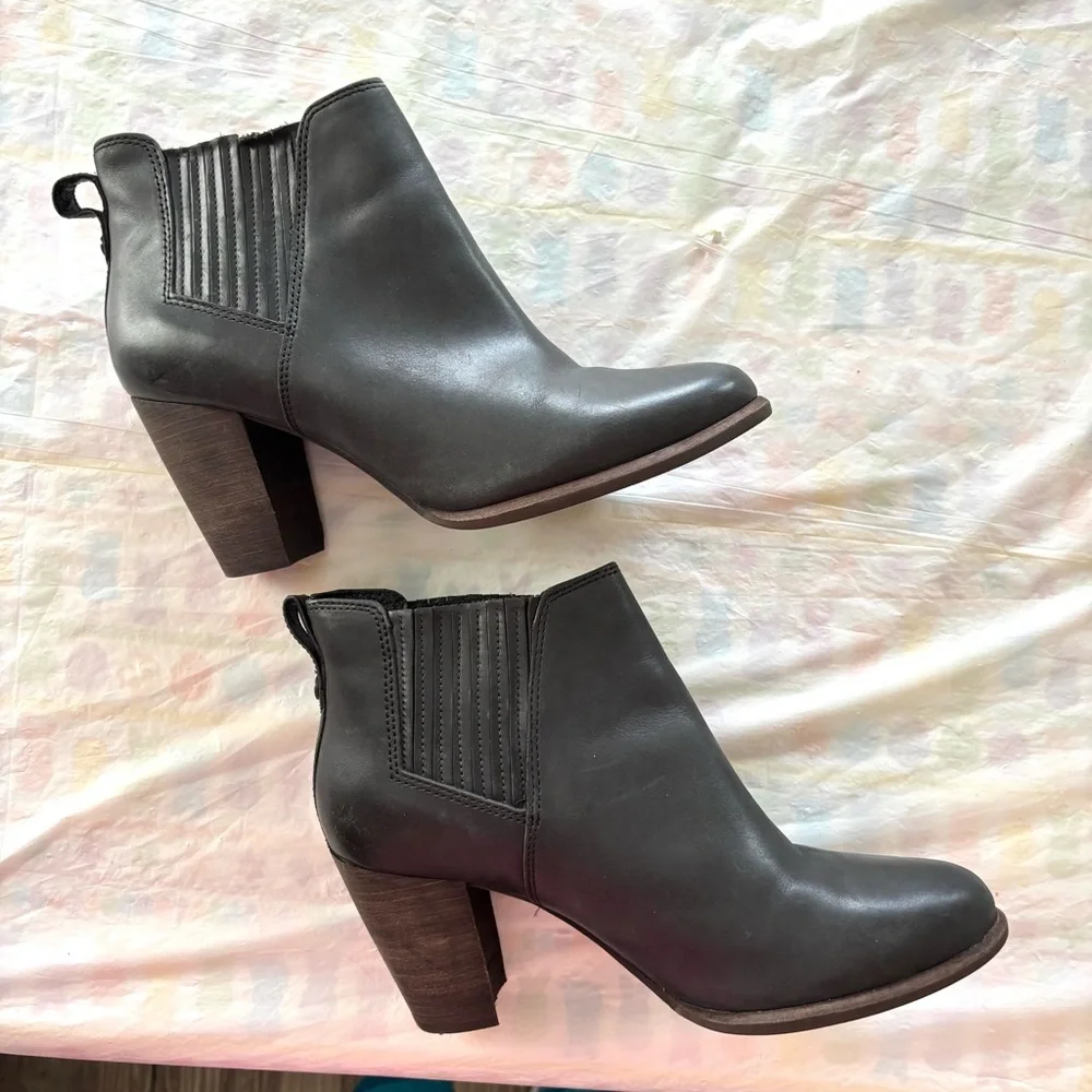 UGG Australia Poppy Black Leather Chunky Heel Ankle Boots SZ 8.5 Worn 1X Indoors